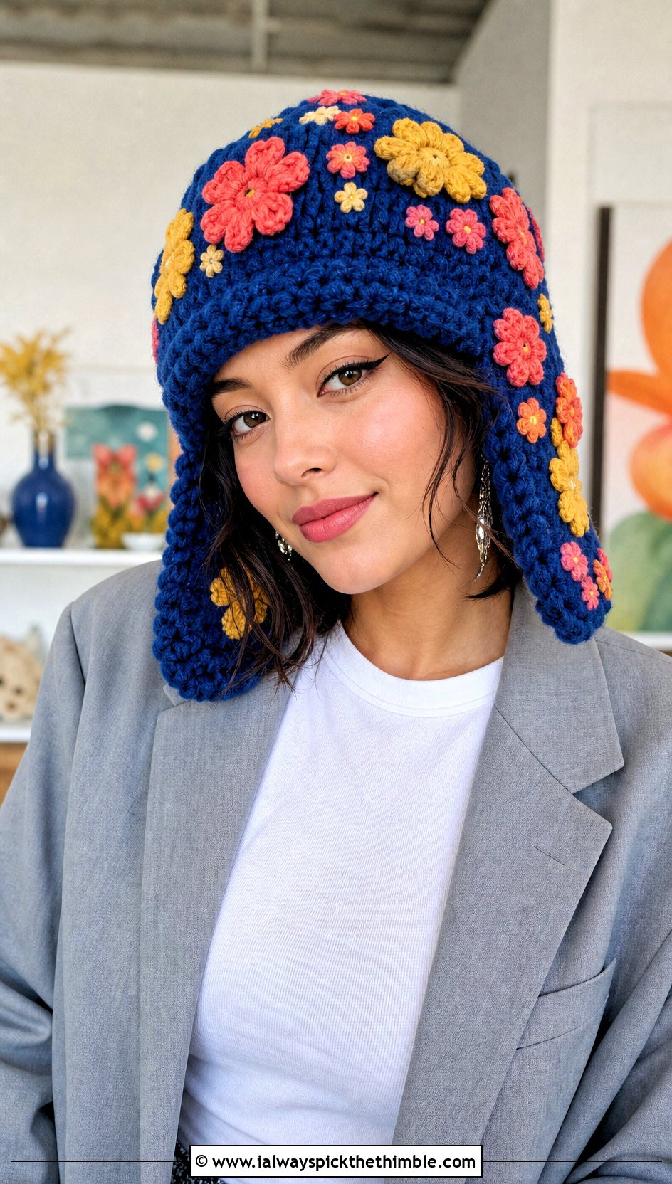 Floral Applique Crochet Ushanka Hat With Blazer And Jeans - 20 crochet ushanka hat outfit ideas