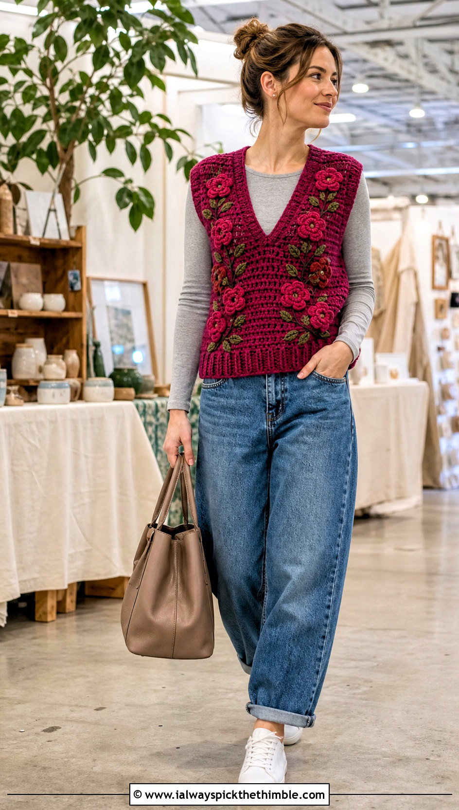 Floral Applique Crochet V Neck Sweater Vest With Barrel Jeans - 20 crochet v neck sweater vest outfit ideas