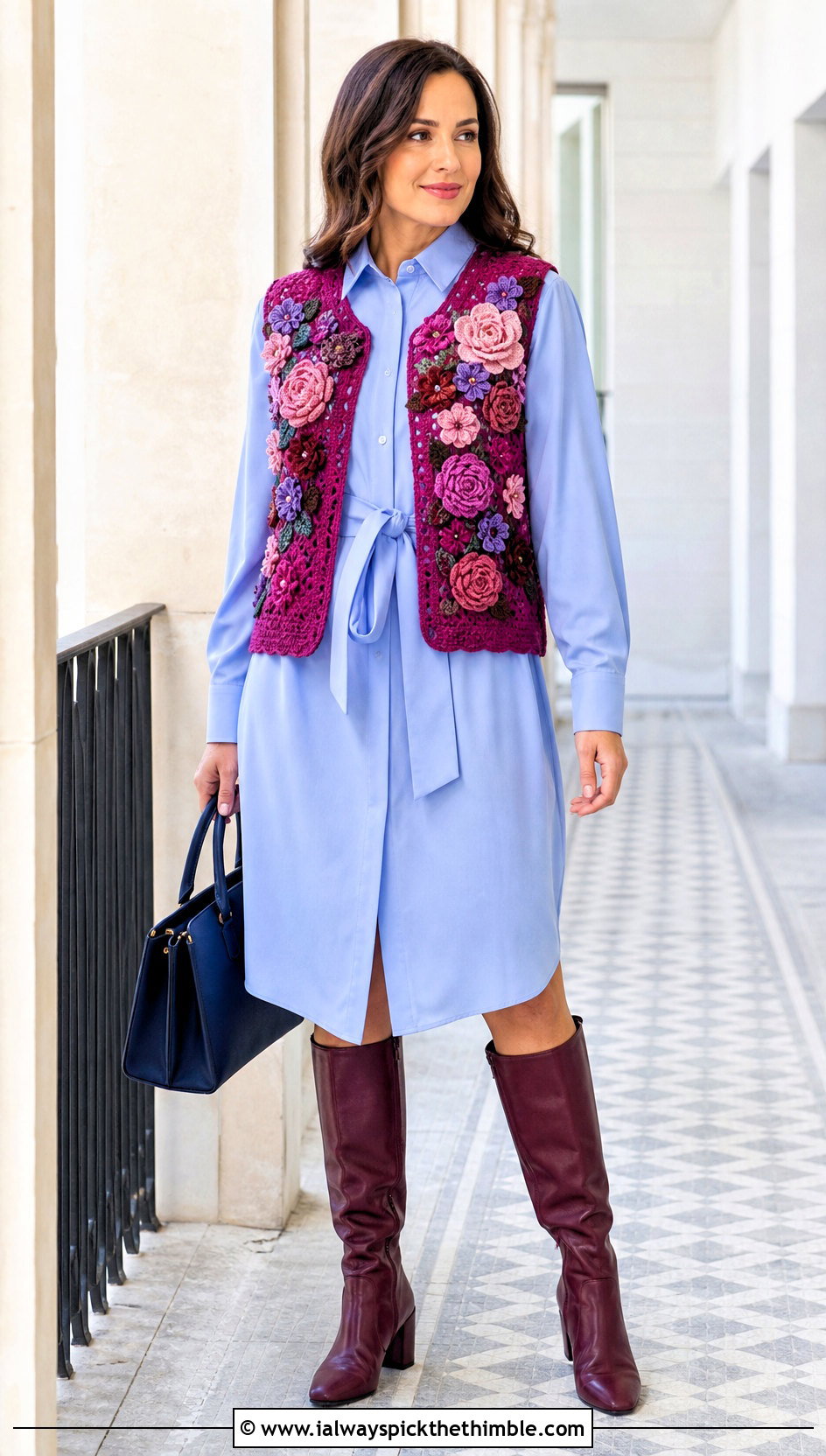 Floral Applique Crochet Waistcoat With Shirt Dress - 25 crochet waist coat outfit ideas