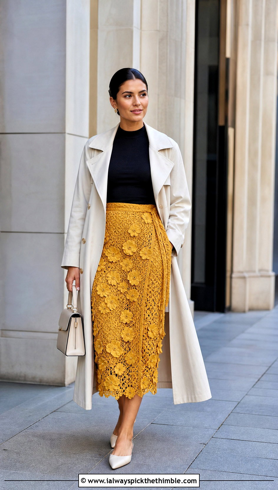 Floral Applique Crochet Wrap Skirt With Trench Coat - 20 crochet wrap around skirt outfit ideas