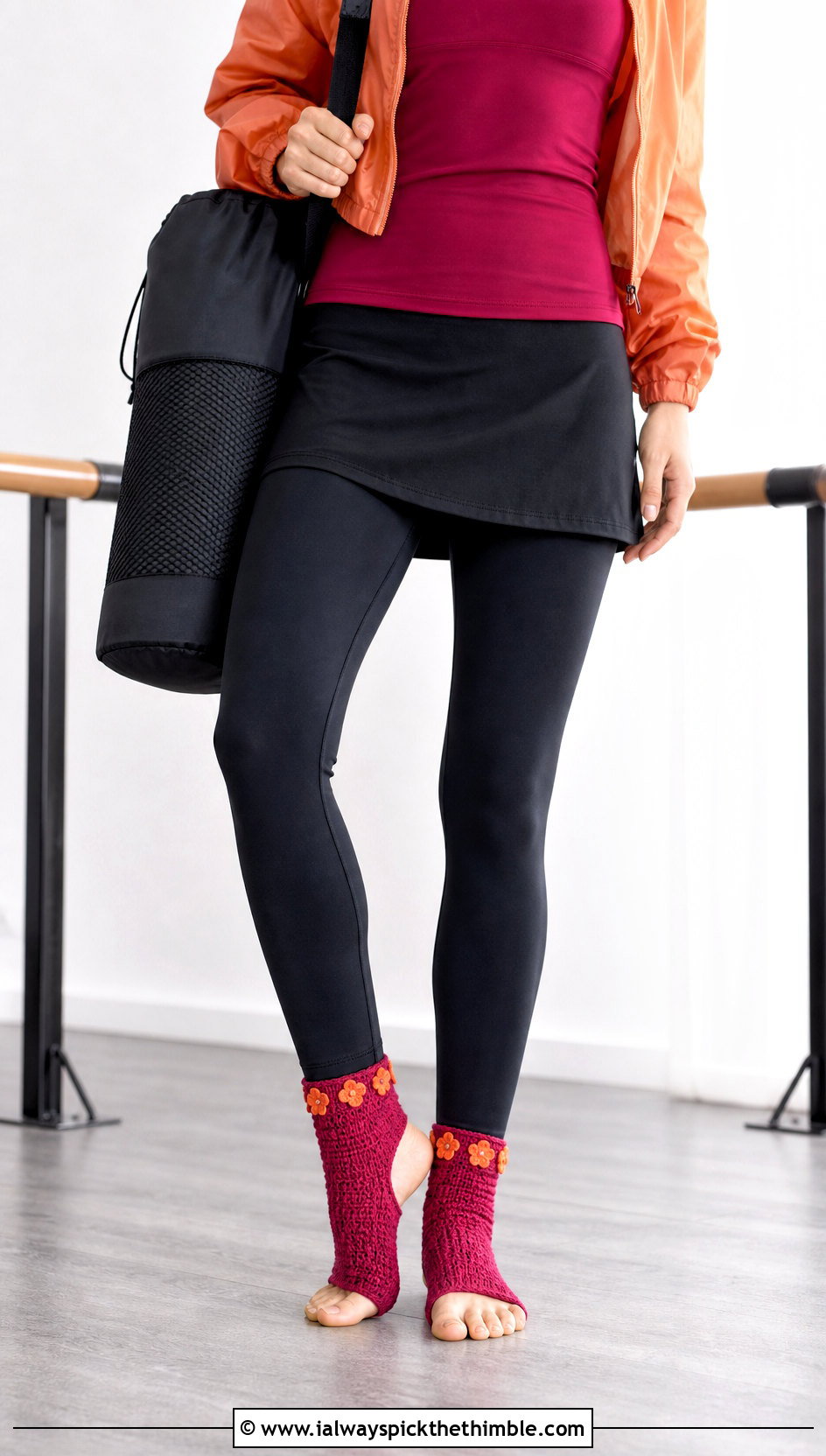 Floral Applique Crochet Yoga Socks With A Skirted Legging Set - 25 crochet yoga socks outfit ideas