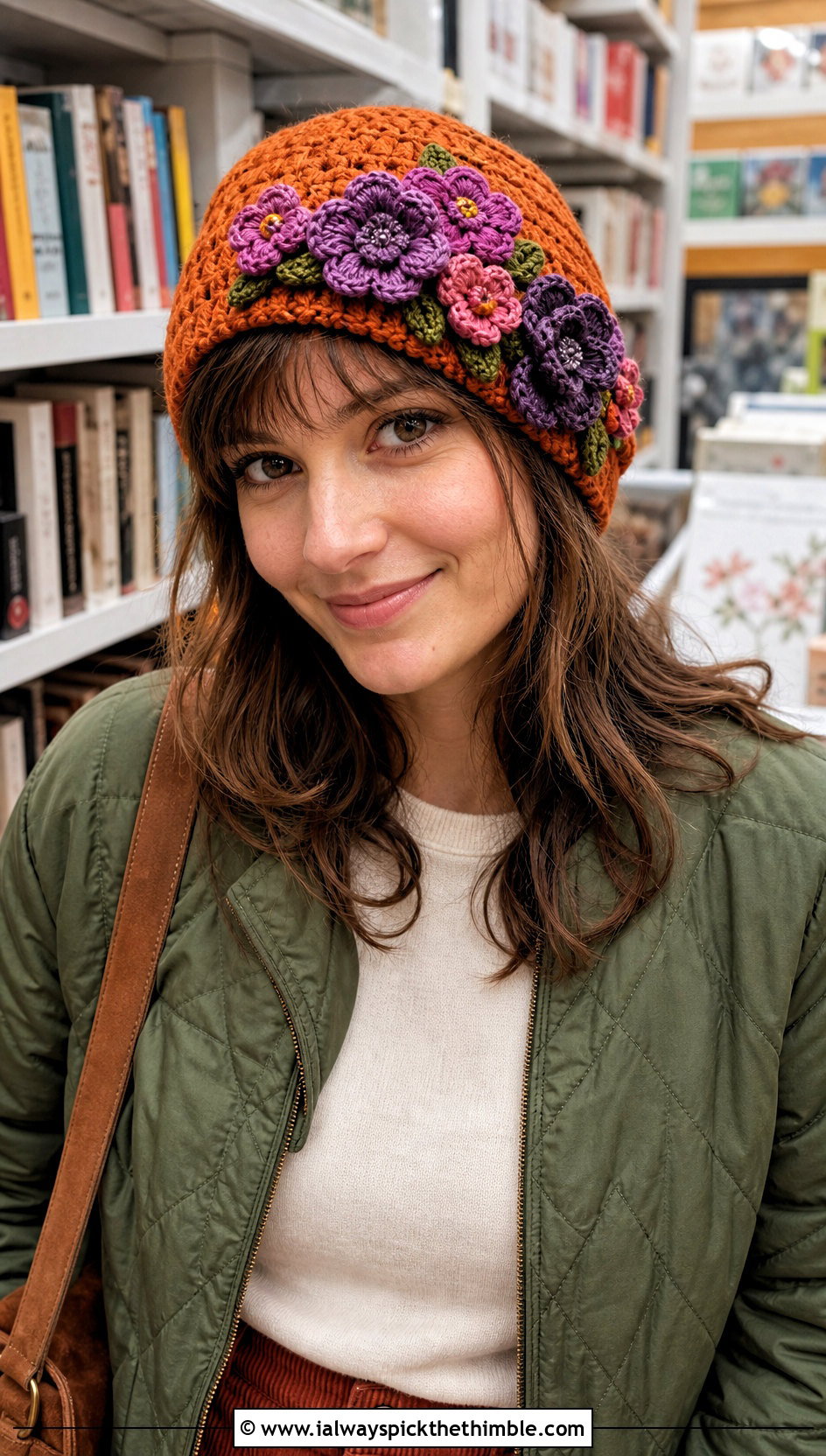 Floral Applique Crocheted Beanie With Quilted Jacket And Corduroy Pants - 25 crocheted beanie outfit ideas