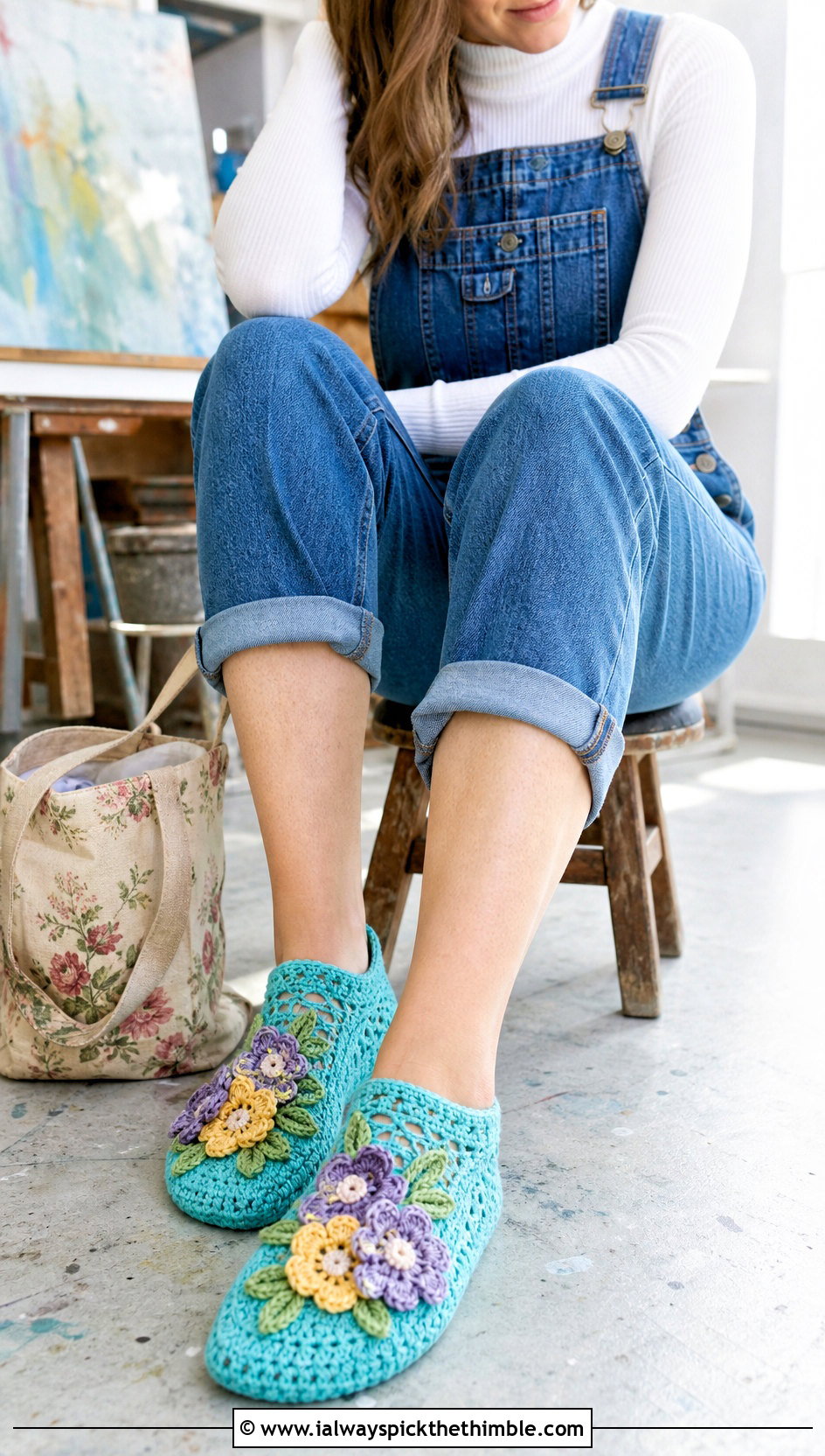 Floral Applique Crocheted Slipper Socks With Overalls - 15 Crocheted Slipper Socks outfit ideas