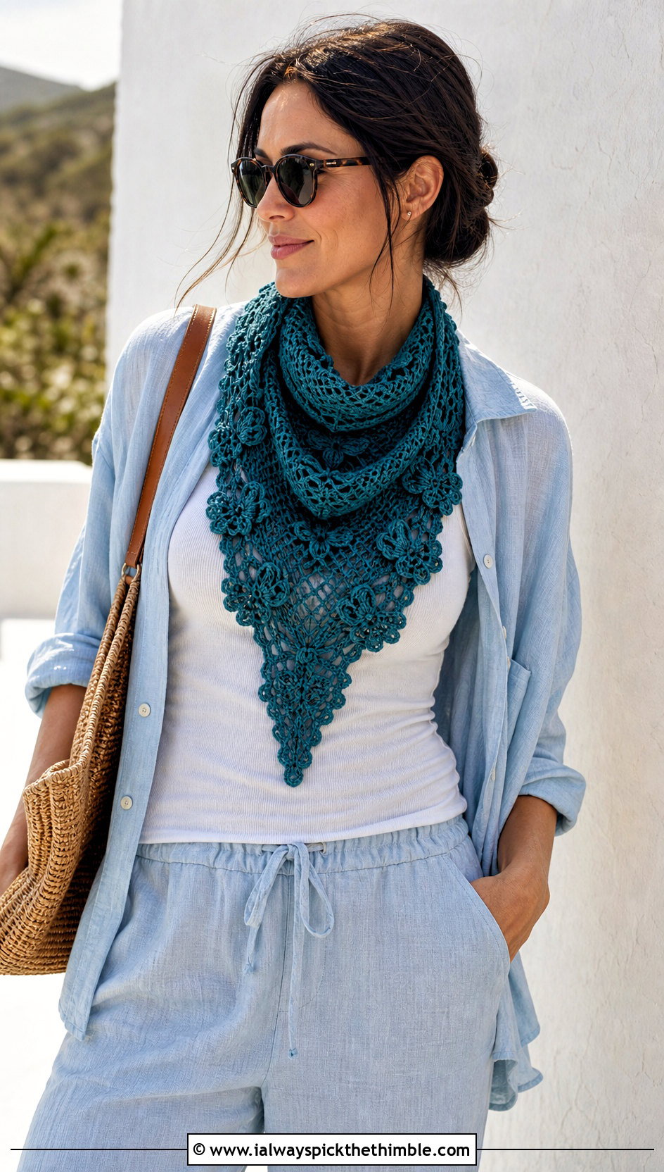Floral Applique Crocheted Triangle Scarf With Linen Shirt And Pants - 20 Crocheted Triangle Scarf outfit ideas