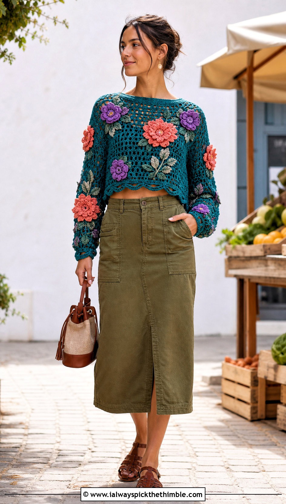 Floral Applique Cropped Crochet Sweater With Utility Skirt - 25 crop crochet sweater outfit ideas