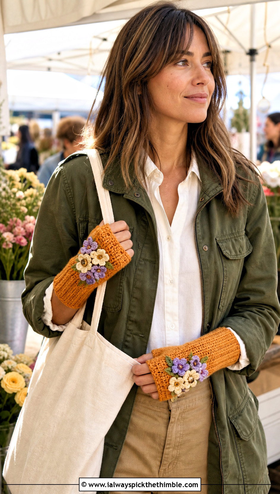 Floral Applique DK Yarn Crochet Fingerless Gloves With Utility Jacket And Chinos - 20 dk yarn crochet fingerless gloves outfit ideas