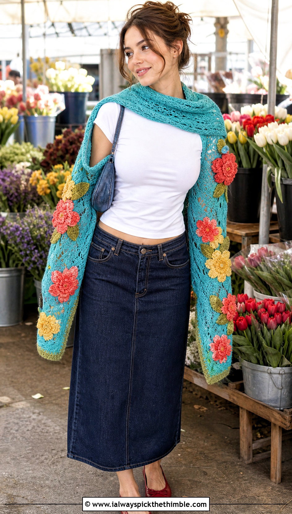 Floral Applique Double Sleeve Scarf With Denim Midi Skirt - 20 crochet double sleeve scarf outfit ideas