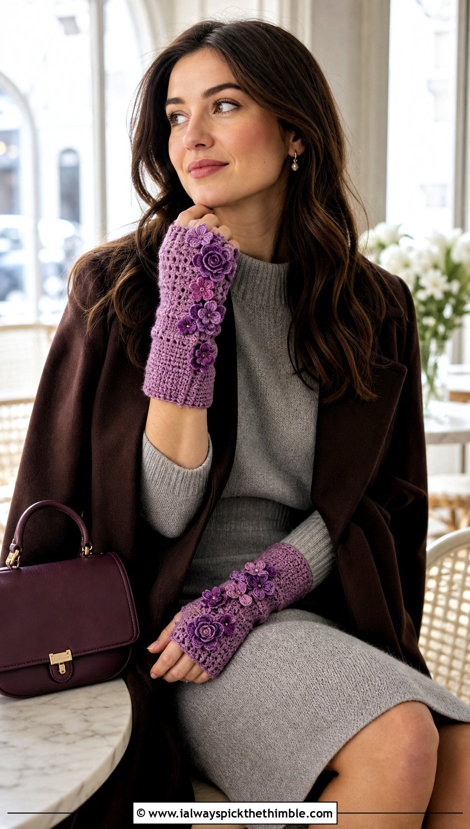 Floral Applique Fingerless Crochet Gloves With Sweater Dress - 25 crochet gloves fingers outfit ideas