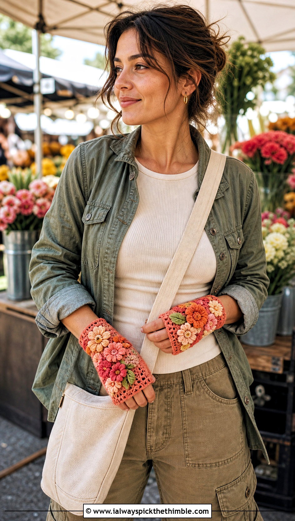 Floral Applique Fingerless Crochet Gloves With Utility Jacket - 20 fingerless crochet gloves outfit ideas
