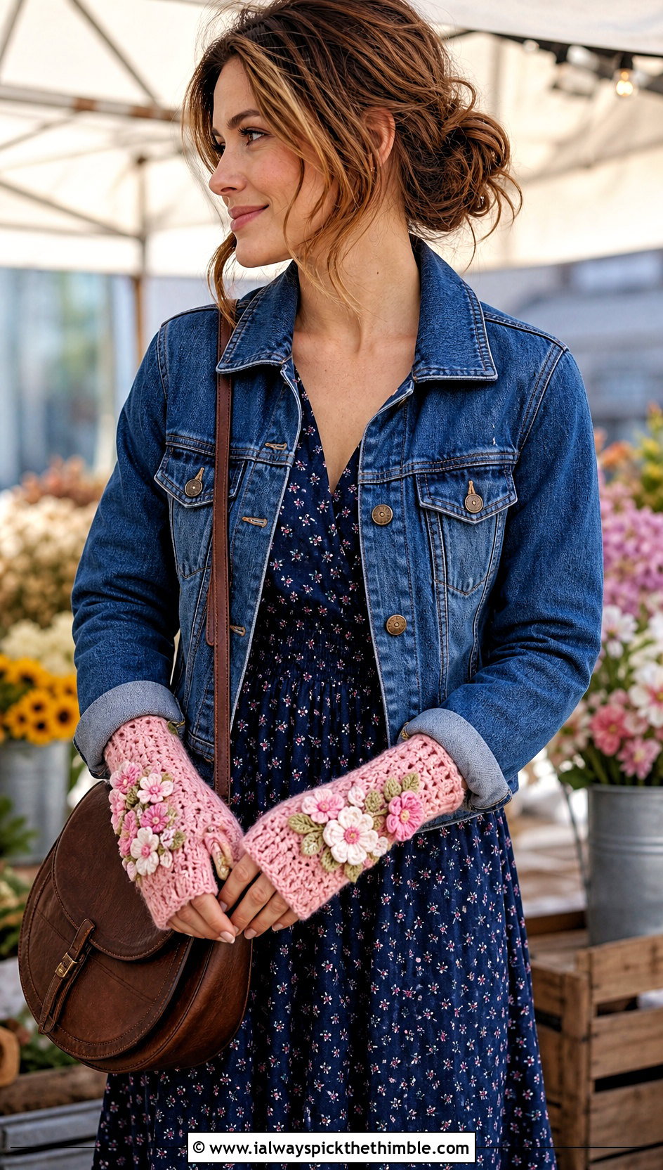 Floral Applique Fingerless Gloves With Prairie Dress - 20 finger less crochet gloves outfit ideas