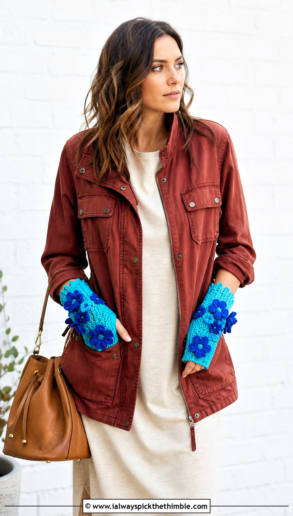 Floral Applique Fingerless Mitts With Utility Jacket And Midi Dress - 20 Crochet For Fingerless Gloves outfit ideas