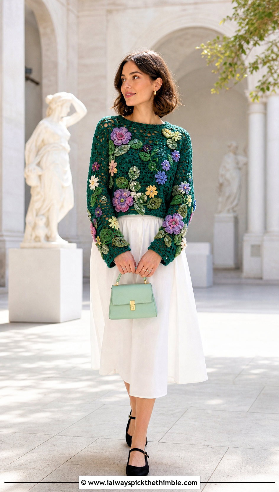 Floral Applique Freeform Crochet Sweater With an A Line Midi Skirt - 20 freeform crochet sweater outfit ideas