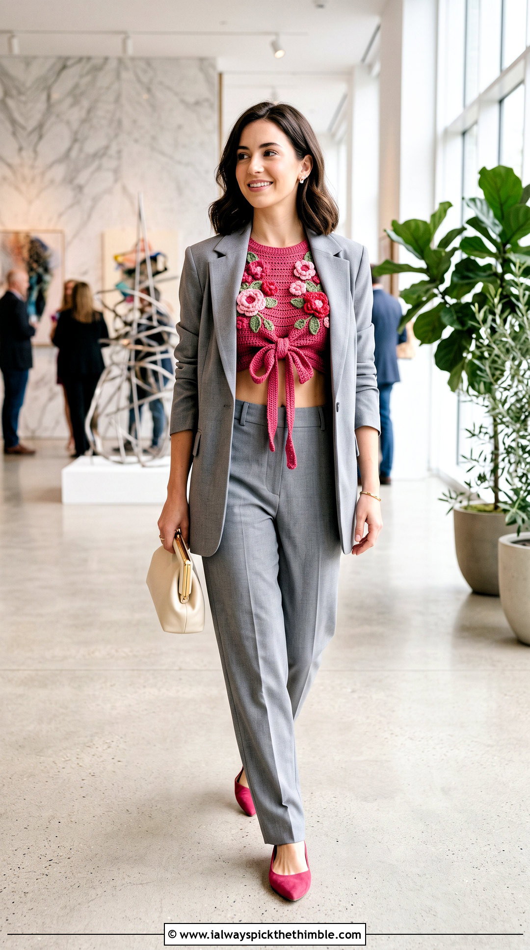 Floral Applique Front Tie Crochet Crop Top With A Suit - 15 crochet front tie crop top outfit ideas