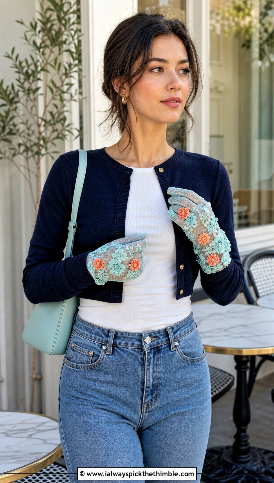 Floral Applique Gloves With Cardigan And Jeans - 20 crocheted gloves outfit ideas