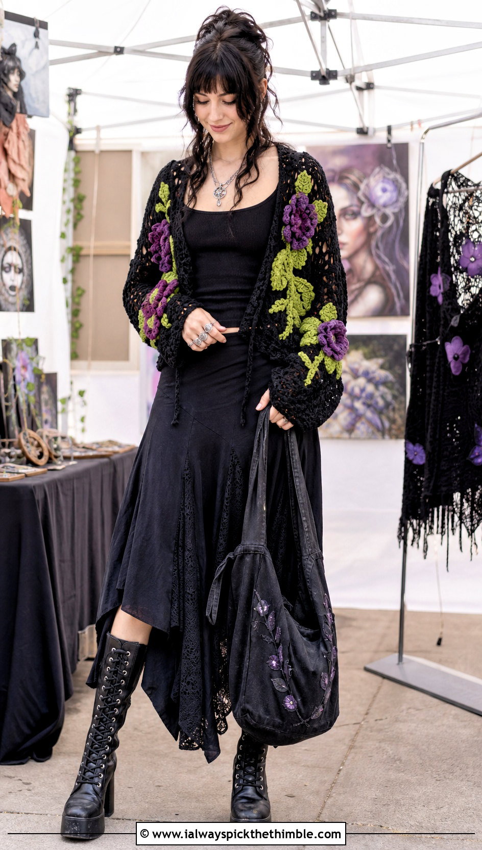 Floral Applique Goth Crochet Cardigan With Maxi Skirt - 15 goth crochet cardigan outfit ideas