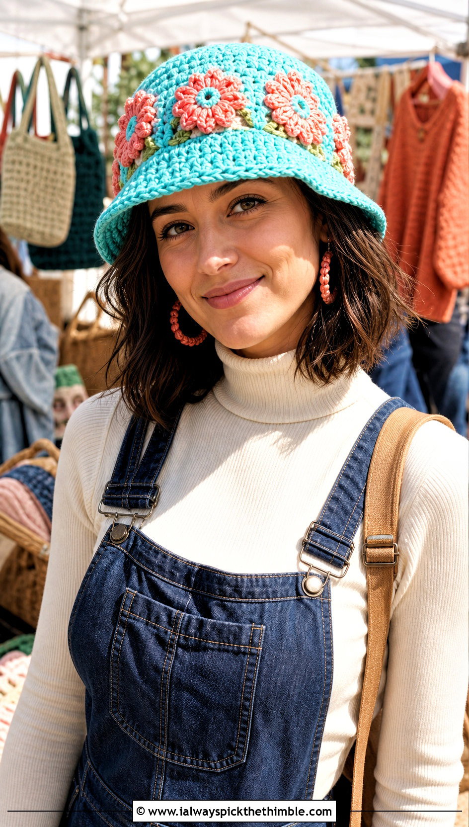 Floral Applique Granny Stitch Bucket Hat With Overalls And Turtleneck - 20 crochet granny stitch bucket hat outfit ideas