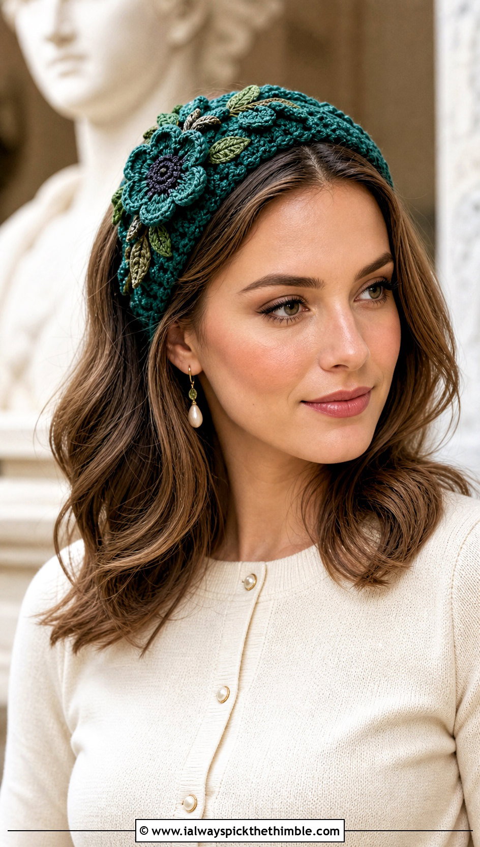 Floral Applique Green Crochet Headband With Cardigan And Satin Skirt - 20 green crochet headband outfit ideas