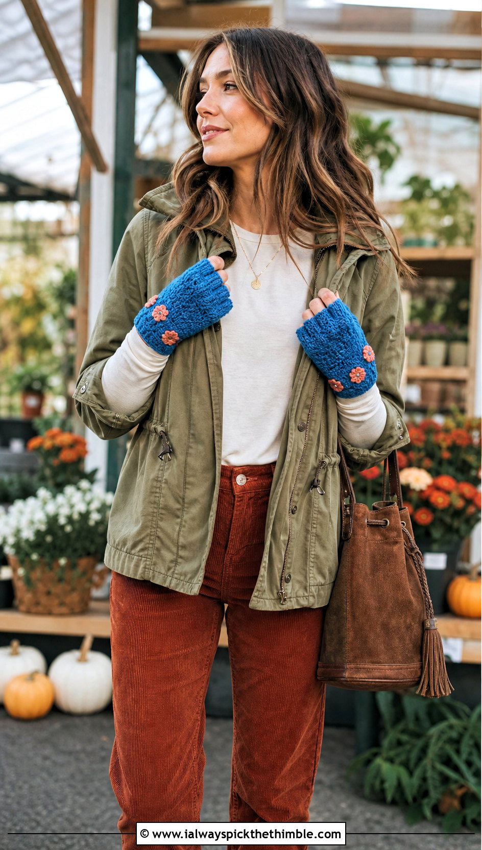 Floral Applique Half Finger Gloves With Corduroy Outfit - 20 crochet half finger gloves outfit ideas