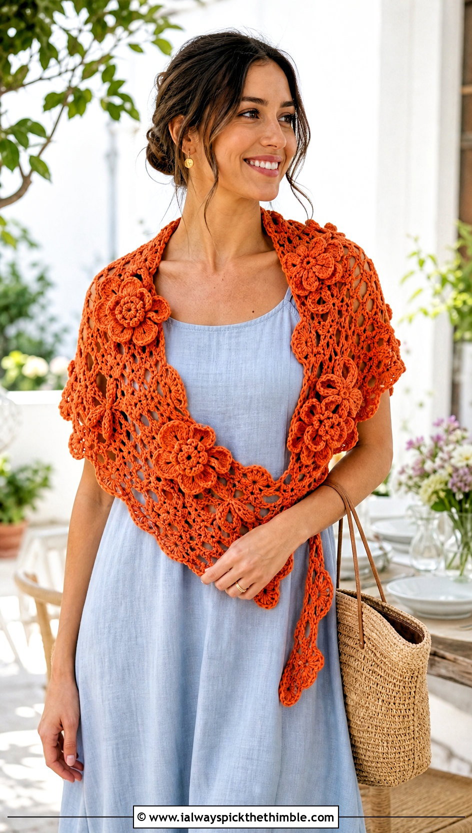 Floral Applique Half Moon Crochet Shawl With Linen Dress - 20 Half Moon Crochet Shawl outfit ideas