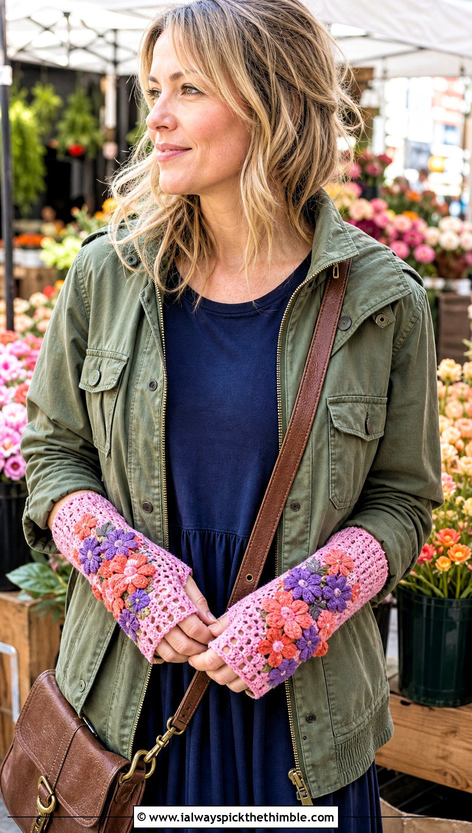 Floral Applique Handwarmers With Utility Jacket And Midi Dress - 25 crochet handwarmers outfit ideas