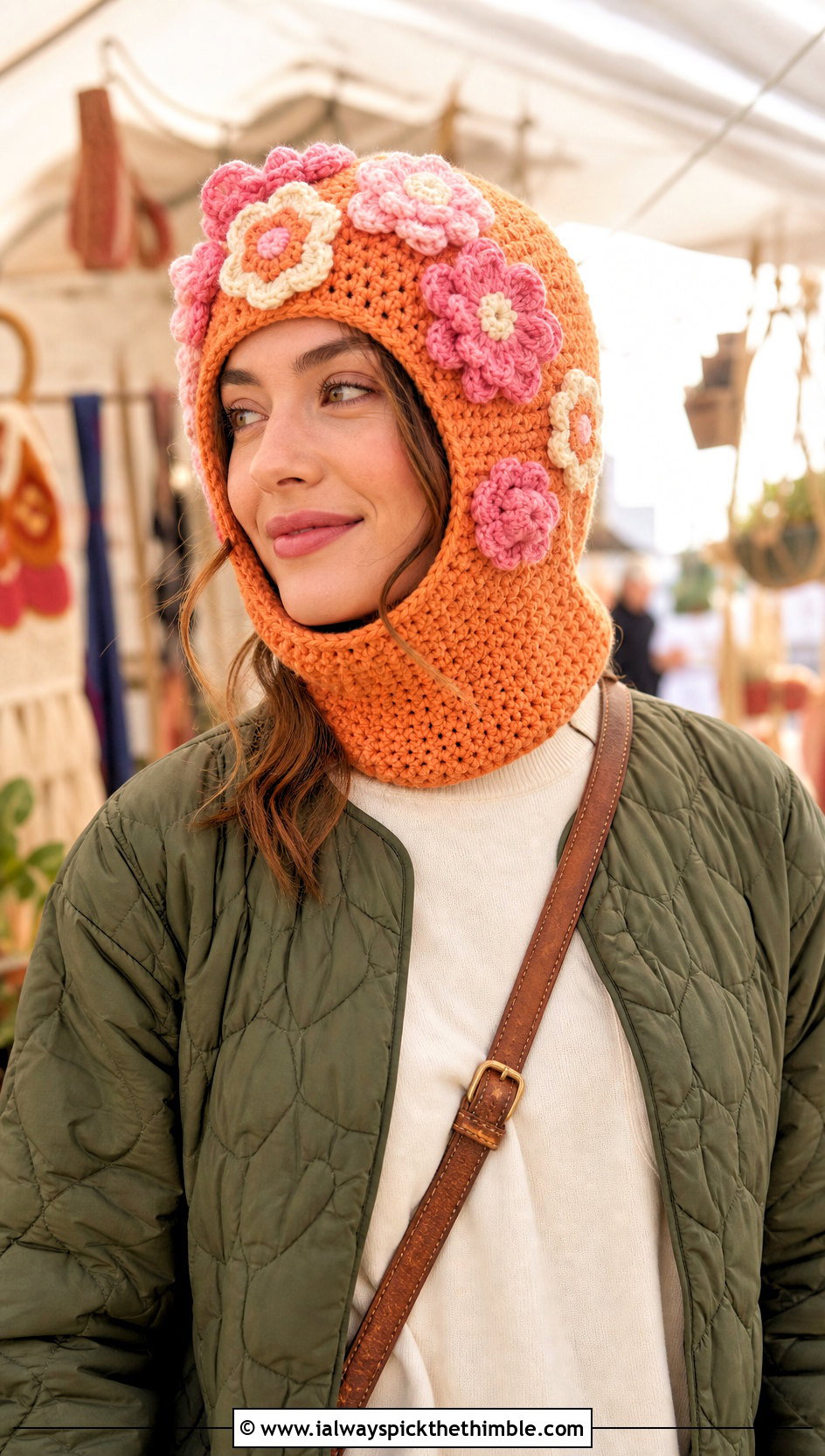 Floral Applique Helmet Balaclava With Quilted Jacket - 20 crochet helmet balaclava outfit ideas