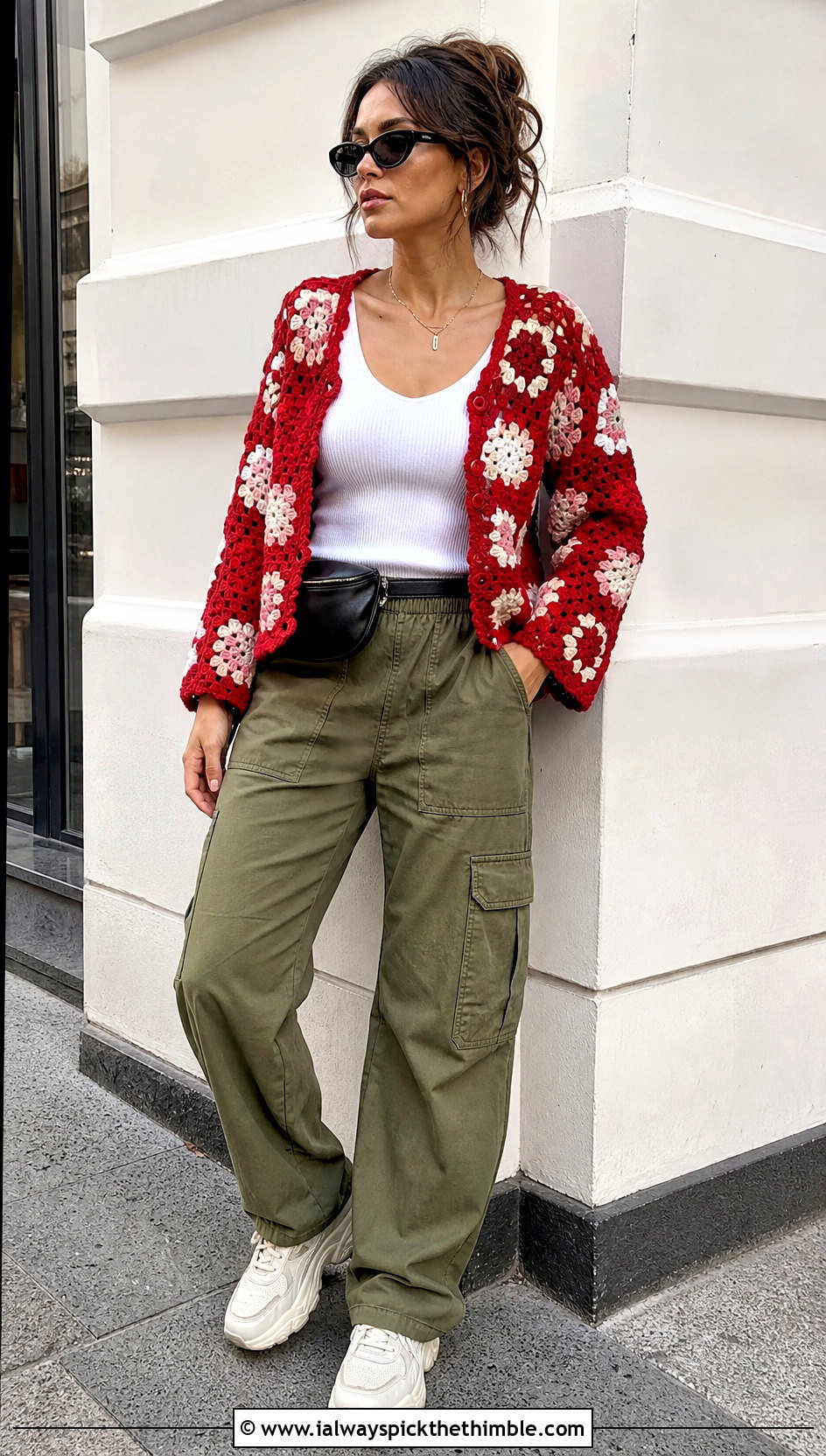 Floral Applique Hexi Cardi With Cargo Pants - 25 crochet hexi cardi outfit ideas