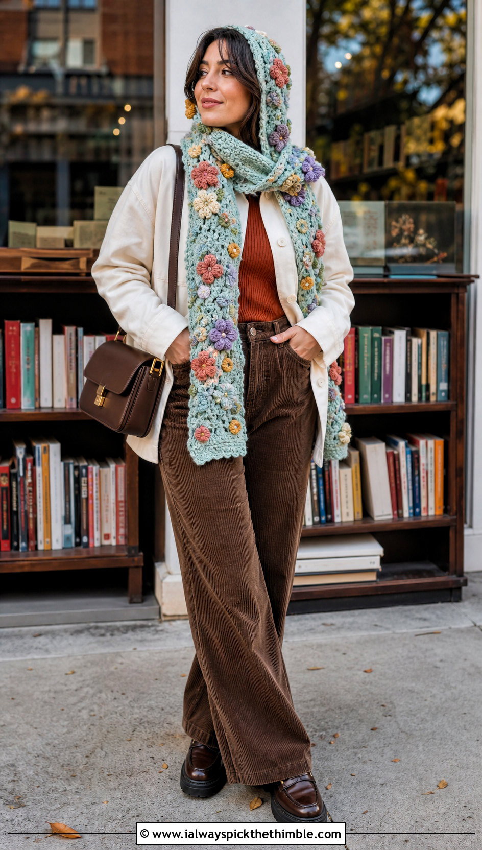 Floral Applique Hooded Scarf With Corduroy Outfit - 25 crochet hood scarf outfit ideas