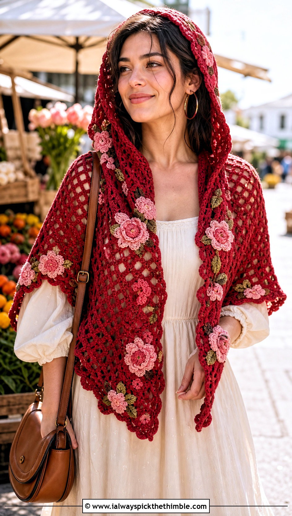 Floral Applique Hooded Triangle Crochet Shawl With Prairie Dress - 20 Hooded Triangle Crochet Shawl outfit ideas