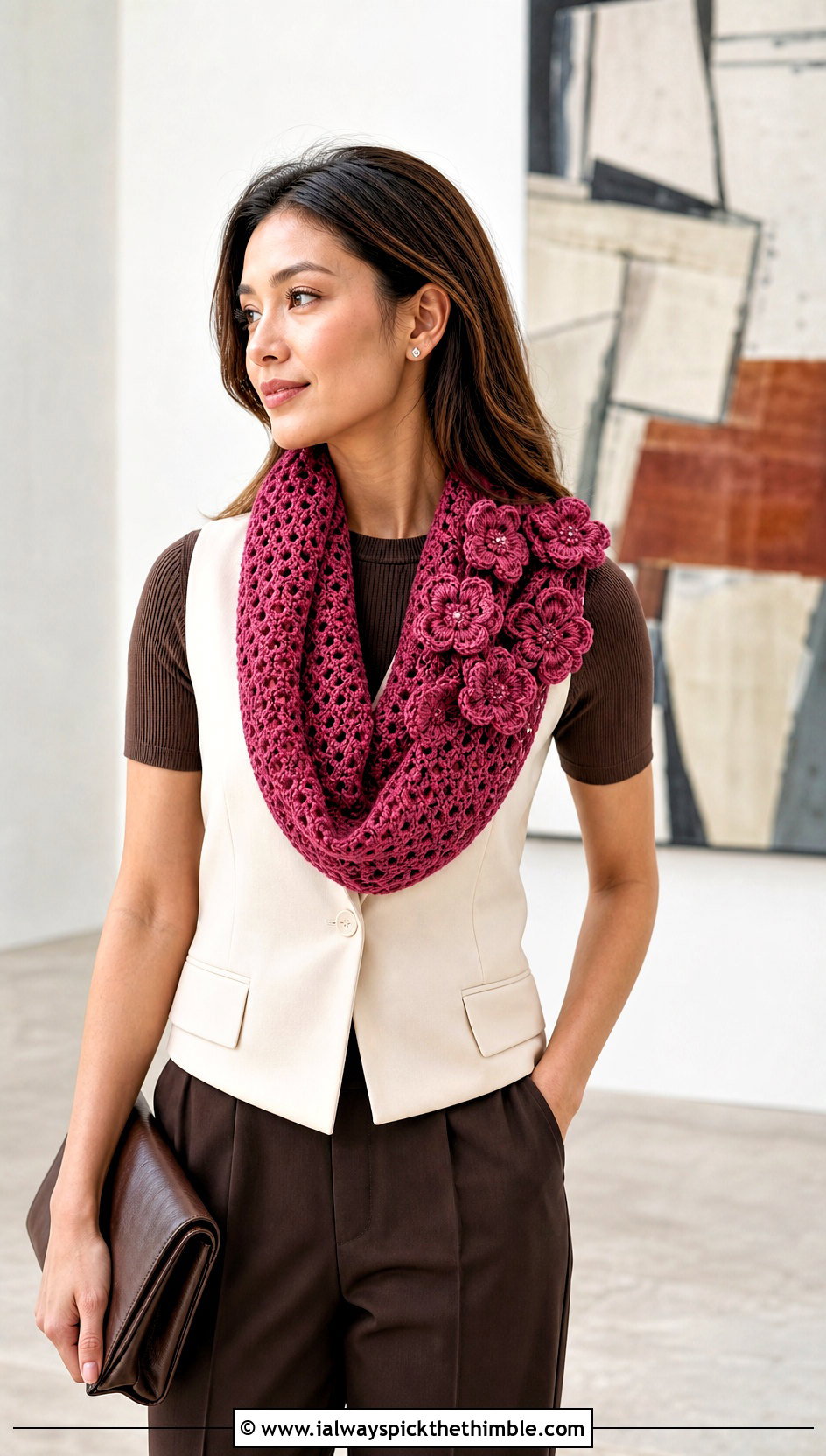 Floral Applique Infinity Crochet Scarf With Tailored Vest - 15 Infinity Crochet Scarf outfit ideas