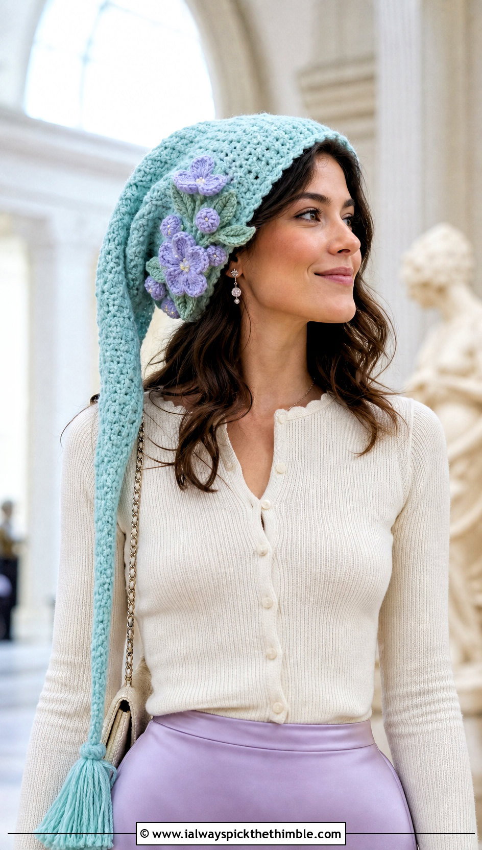 Floral Applique Long Crochet Hat With Satin Skirt - 20 crochet long hat outfit ideas