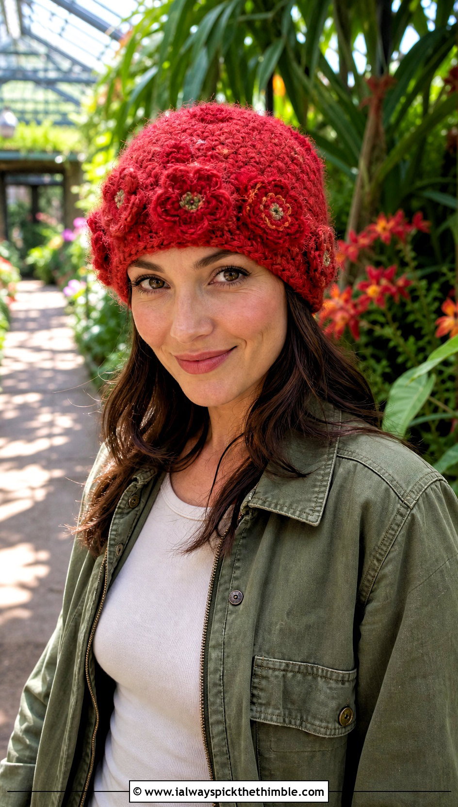 Floral Applique Mohair Crochet Hat With Utility Jacket And Jeans - 25 Mohair Crochet Hat outfit ideas