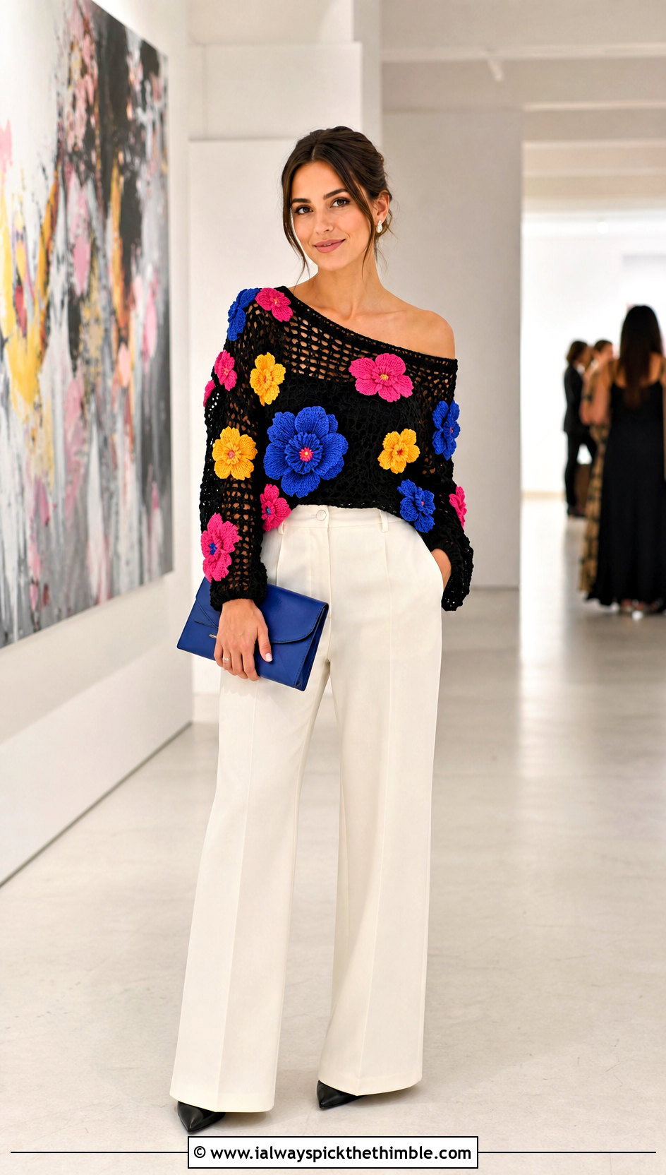 Floral Applique Off The Shoulder Crochet Sweater With Suit Pants - 20 off the shoulder crochet sweater outfit ideas