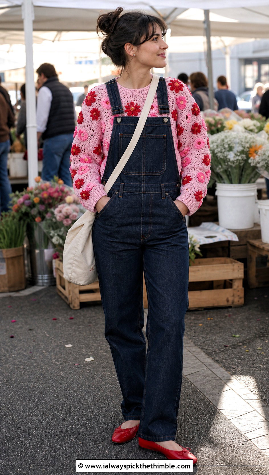 Floral Applique Pink Crochet Sweater With Denim Overalls - 25 pink crochet sweater outfit ideas