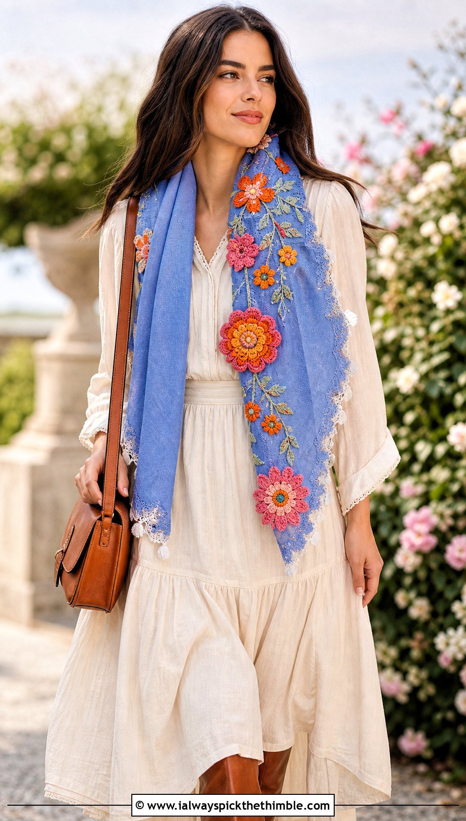 Floral Applique Pocket Scarf With Prairie Dress - 20 crochet pocket scarves outfit ideas