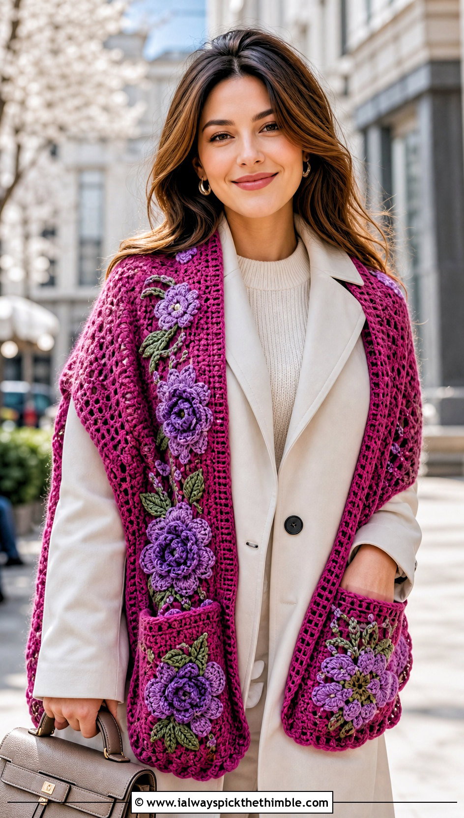 Floral Applique Pocket Shawl With Trench Coat - 20 Crochet Pocket Scarf Shawl outfit ideas