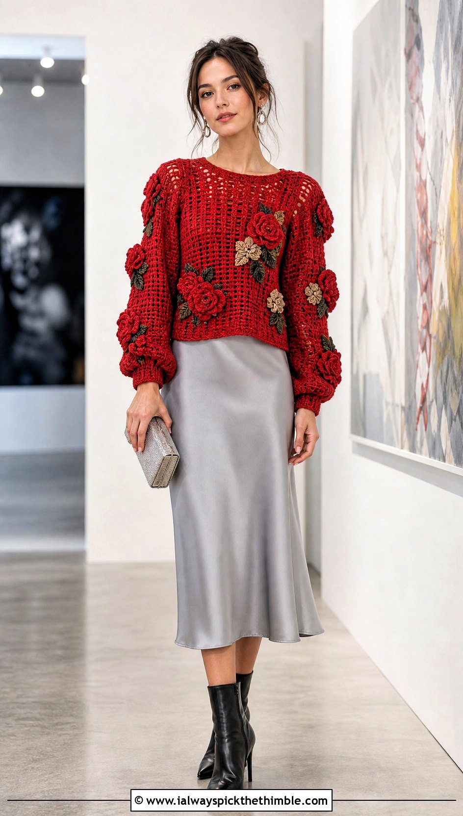 Floral Applique Puff Sleeve Crochet Sweater Over A Slip Dress - 15 Puffy Crochet Sweater outfit ideas
