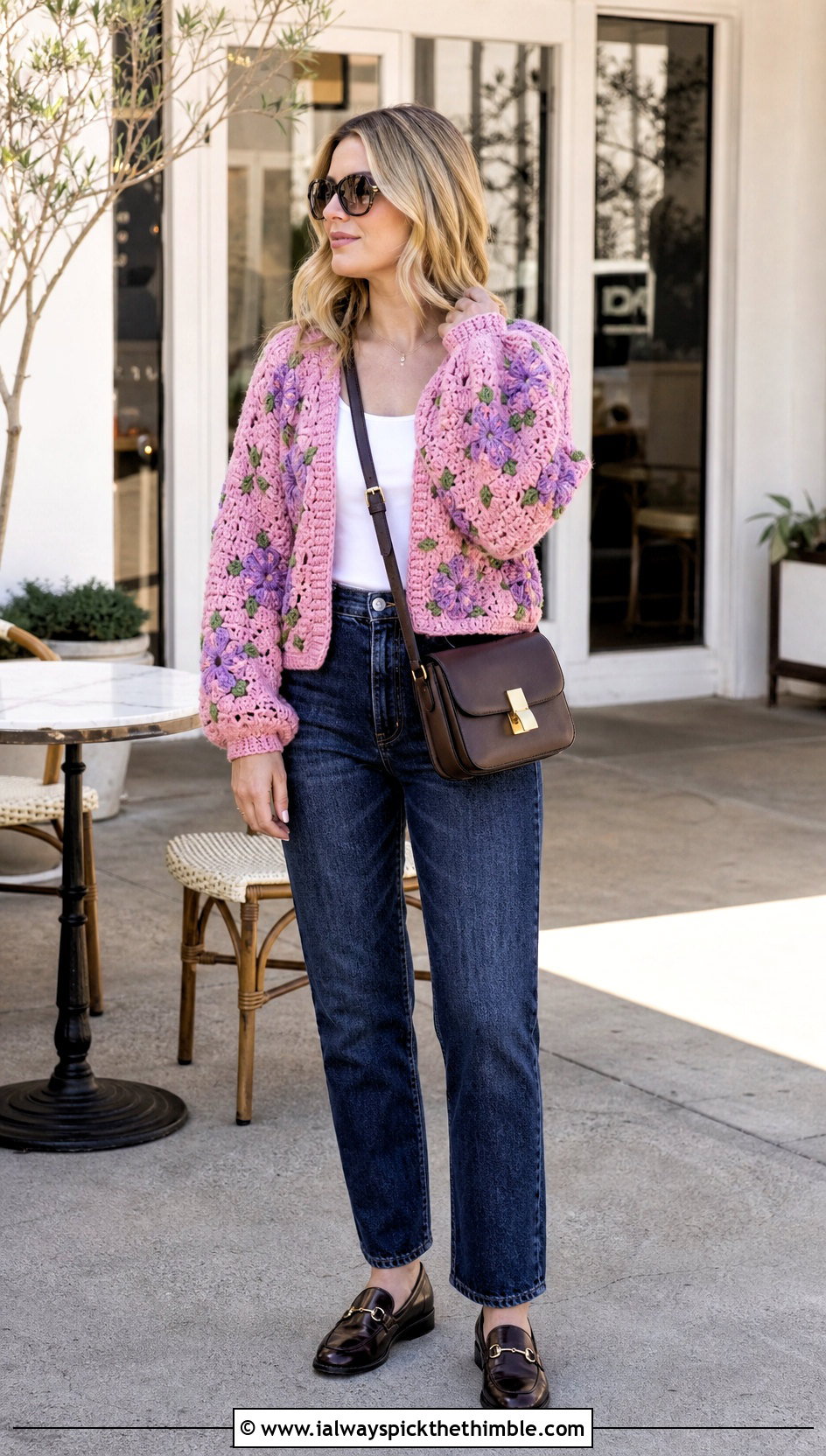 Floral Applique Puffy Sleeve Cardigan With Straight Leg Jeans - 20 Crochet Puffy Sleeves Cardigan outfit ideas