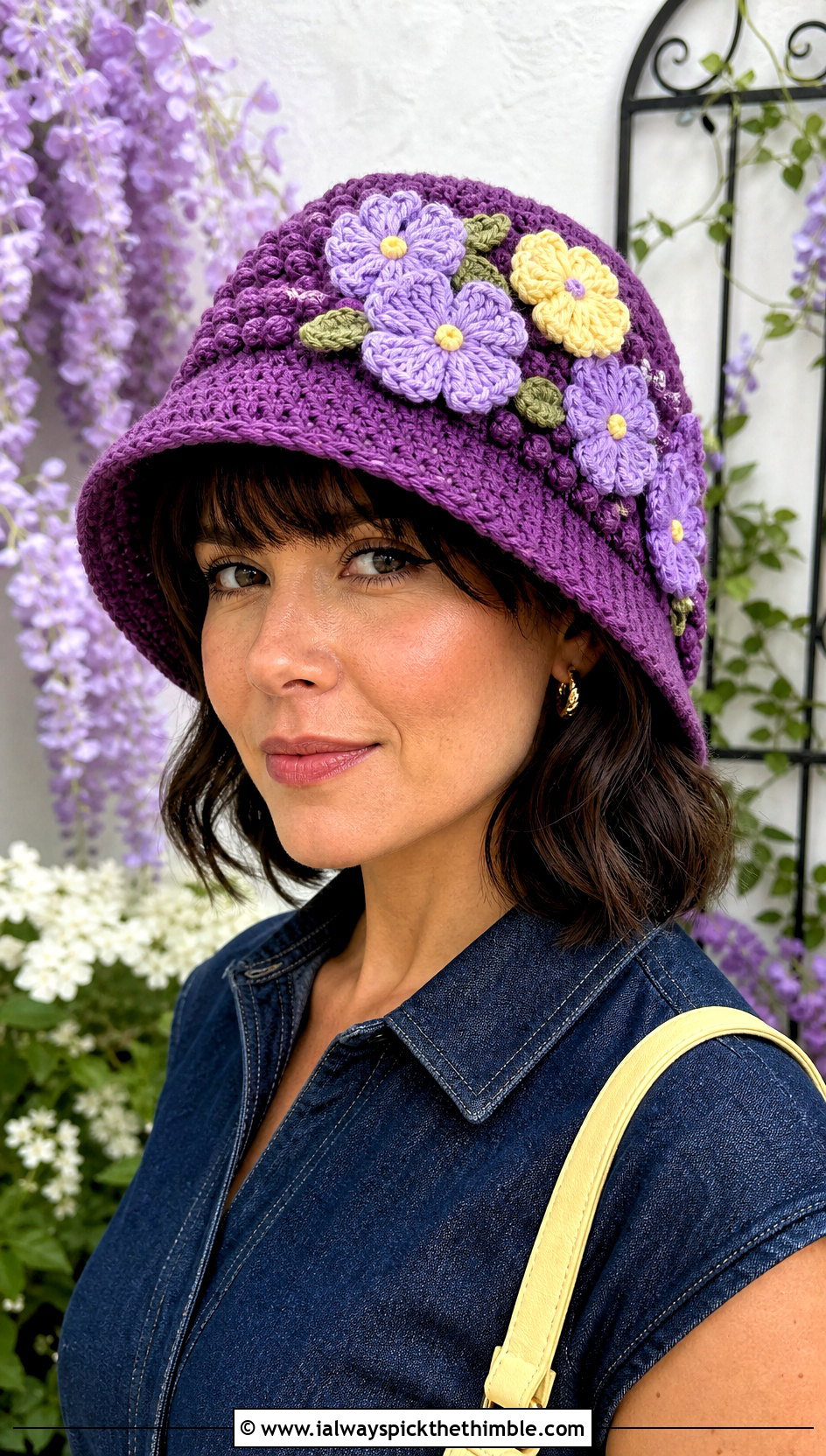 Floral Applique Purple Crochet Bucket Hat With Denim Dress - 20 purple crochet bucket hat outfit ideas