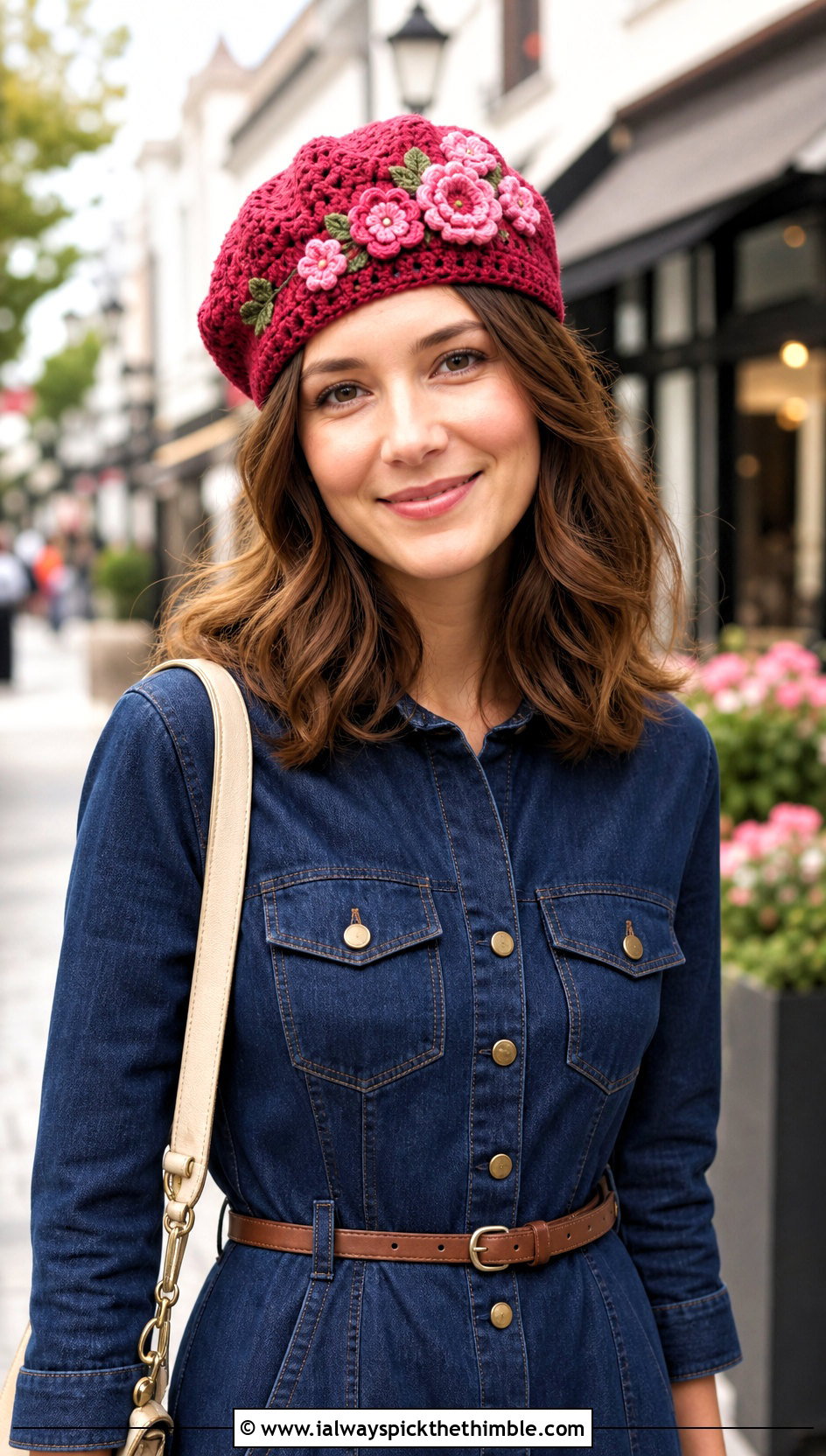 Floral Applique Red Crochet Beret With Denim Dress - 15 red crochet beret outfit ideas