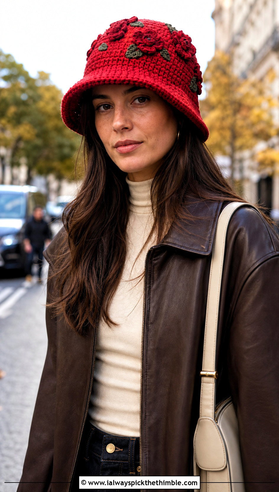Floral Applique Red Crochet Bucket Hat With Leather Jacket - 20 red crochet bucket hat outfit ideas