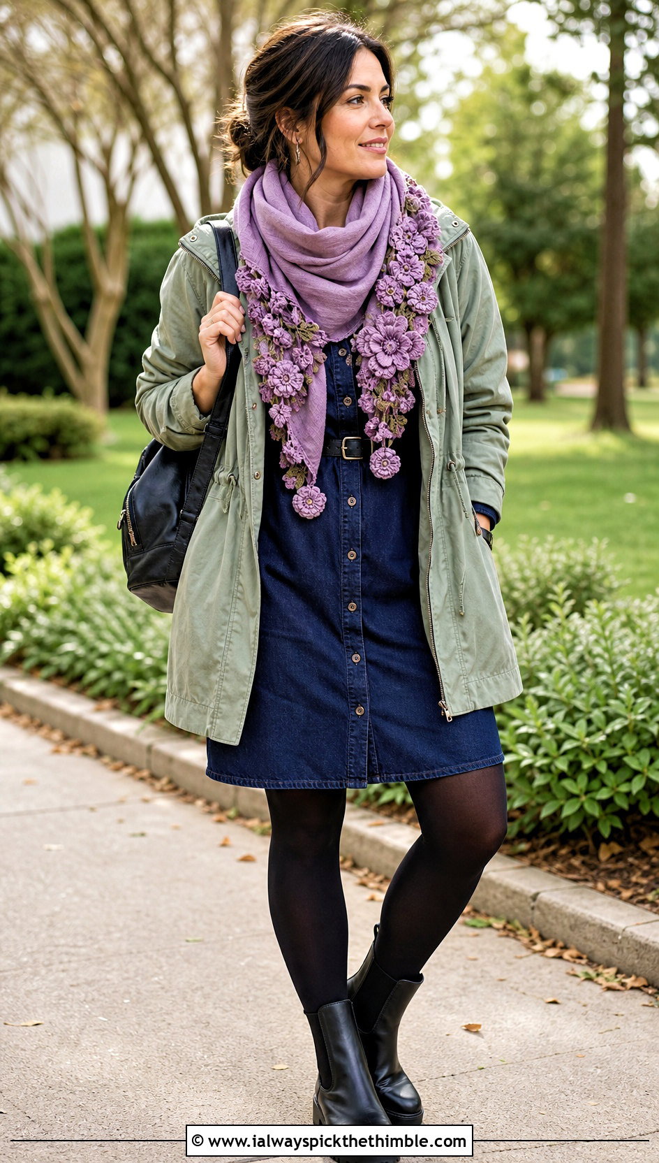 Floral Applique Roll Up Scarf With Parka And Denim Dress - 20 Crochet Roll Up Scarf outfit ideas