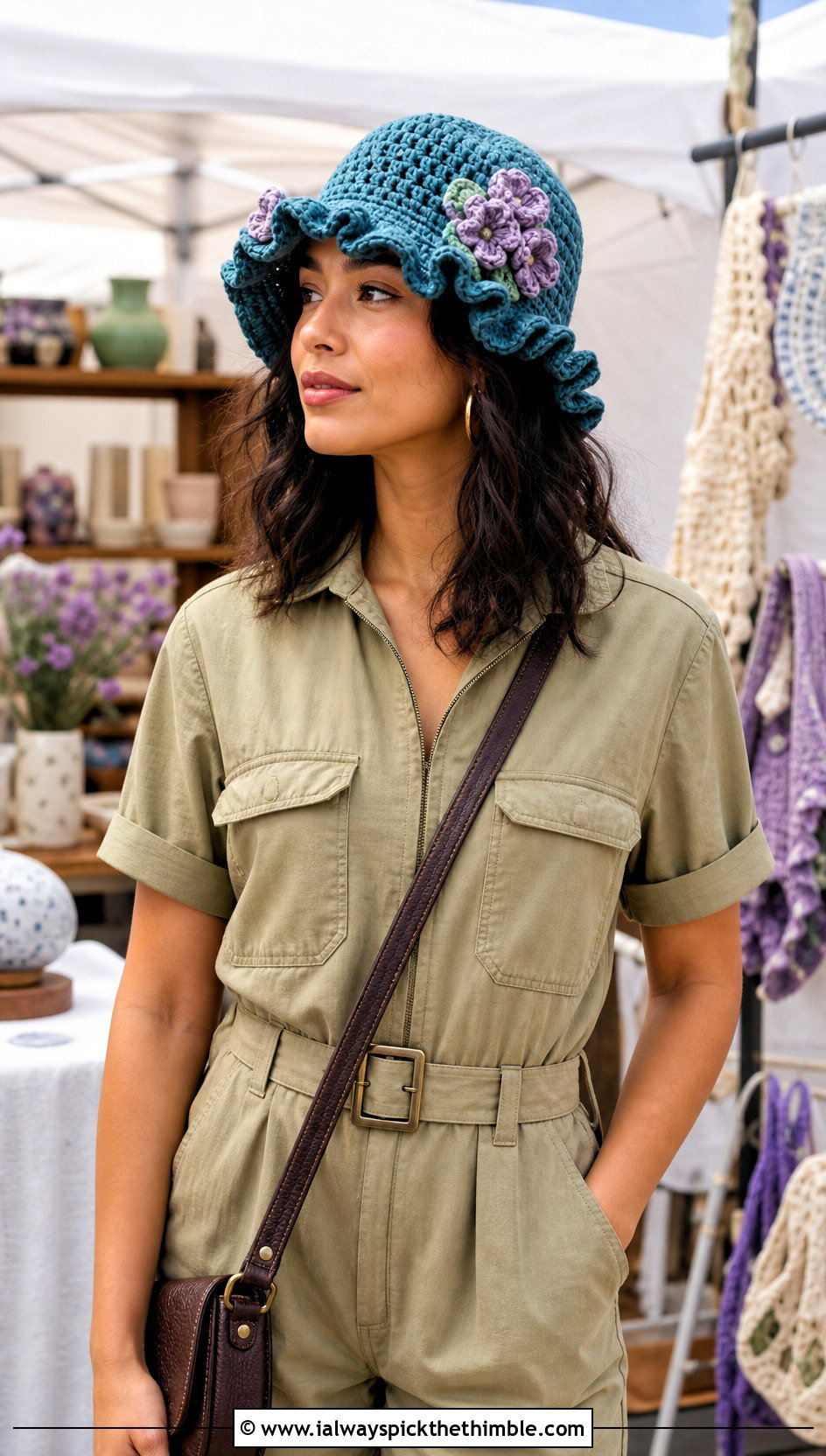Floral Applique Ruffle Bucket Hat With Utility Jumpsuit - 20 Crochet Bucket Hat With Ruffles outfit ideas