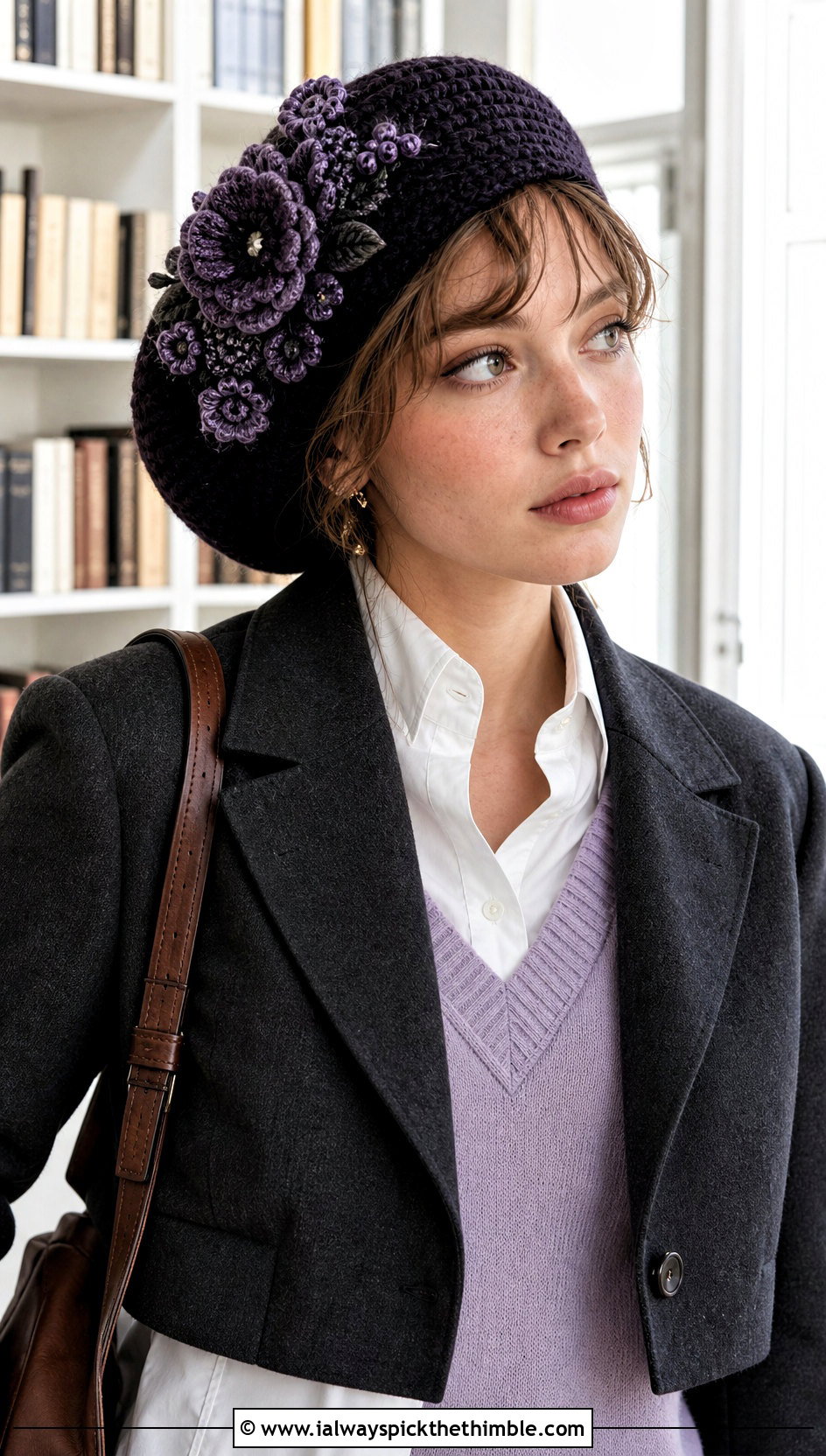 Floral Applique Slouchy Crochet Beret With Sweater Vest - 20 Slouchy Crochet Beret outfit ideas