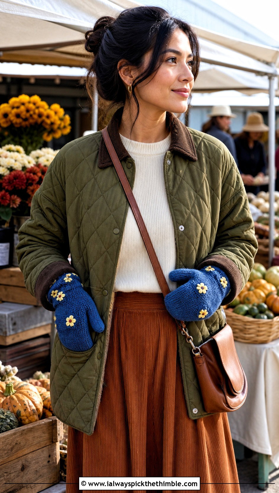 Floral Applique Tabi Crochet Mittens With Quilted Jacket And Corduroy Skirt - 20 Tabi Crochet Mittens outfit ideas