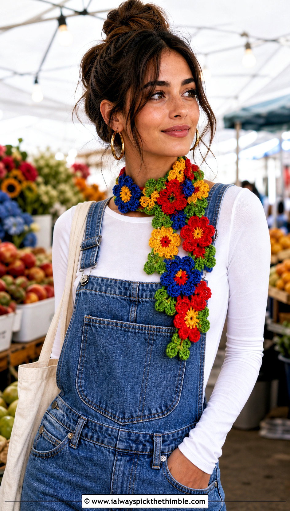 Floral Applique Tiny Crochet Scarf With Overalls And Clogs - 20 Tiny Crochet Scarf outfit ideas