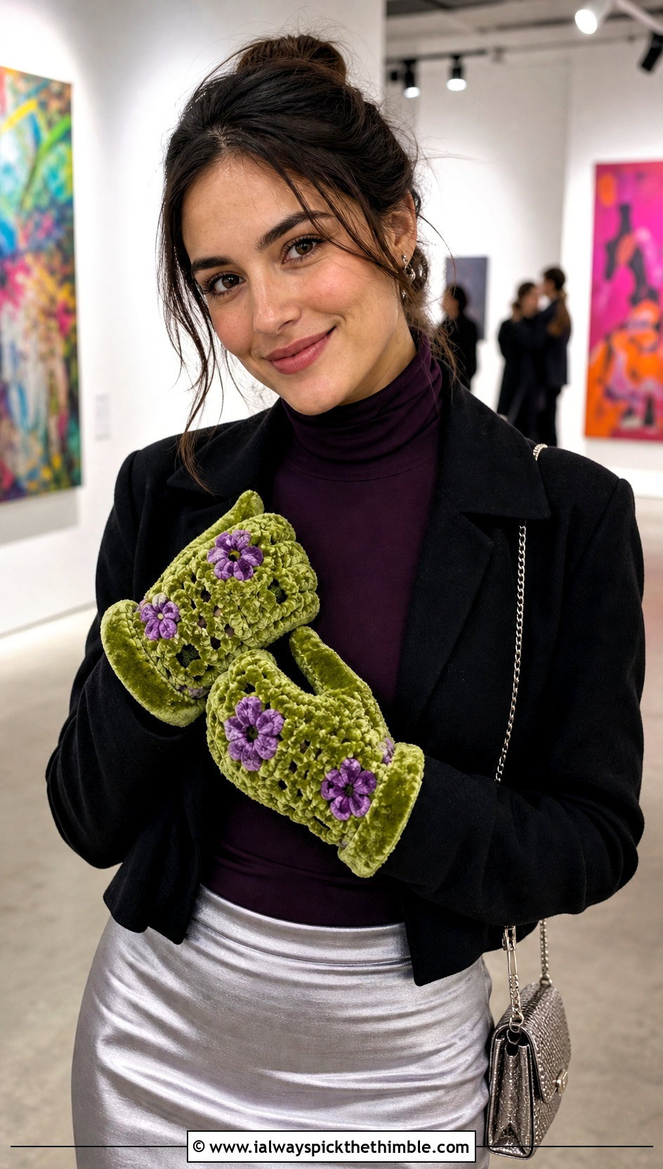 Floral Applique Velvet Crochet Mittens With Satin Skirt - 20 velvet crochet mittens outfit ideas