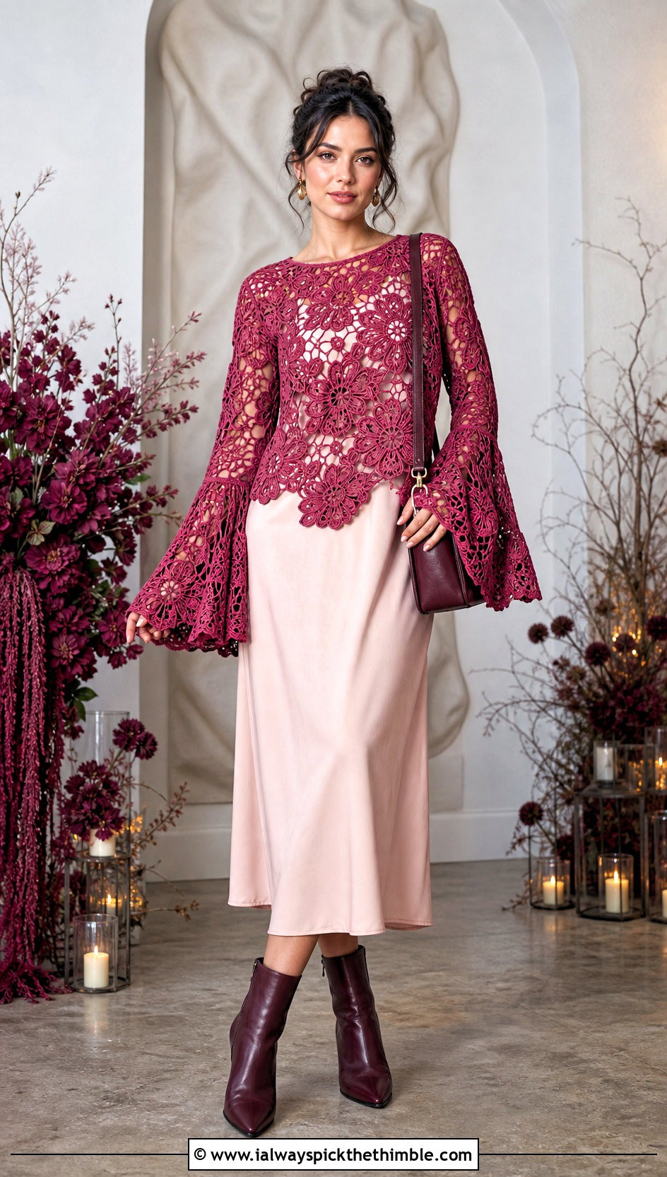 Floral Bell Sleeve Crochet Top With Slip Dress - 25 crochet flower top outfit ideas