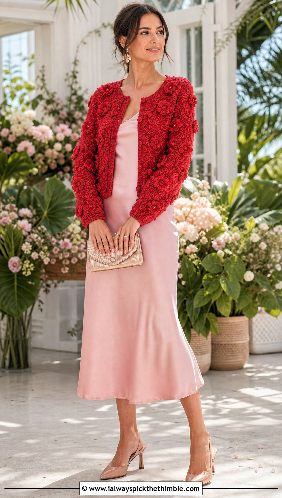 Floral Bobble Cardigan With Satin Midi Dress - 20 Crochet Bobble Cardigan outfit ideas