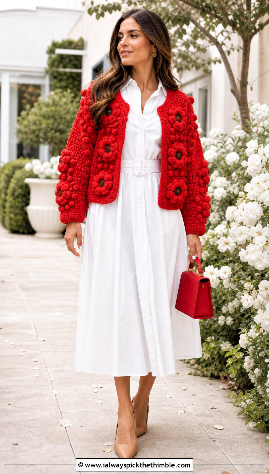 Floral Bobble Crochet Bubble Cardigan With Poplin Midi Dress - 15 Crochet Bubble Cardigan outfit ideas