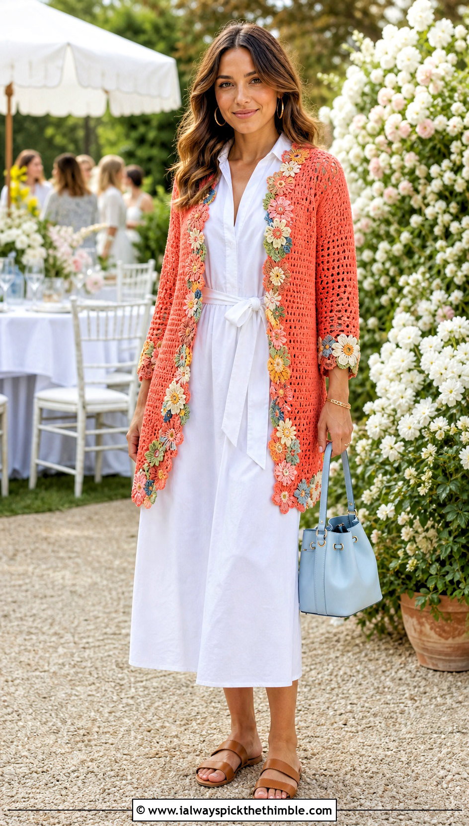 Floral Border Cardigan With Poplin Dress - 20 crochet flower cardigan outfit ideas